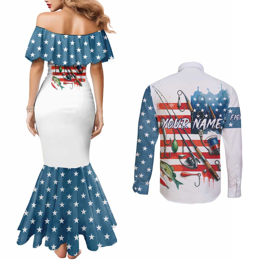 American Flag Fishing Couples Matching Mermaid Dress and Long Sleeve Button Shirt with Fishing Rods and Lures Watercolor Style Design - Wonder Print Shop
