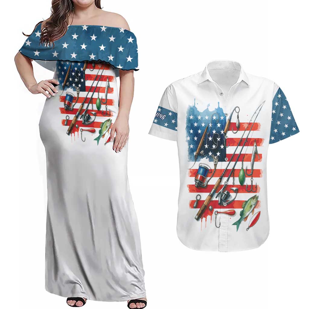 American Flag Fishing Couples Matching Off Shoulder Maxi Dress and Hawaiian Shirt with Fishing Rods and Lures Watercolor Style Design - Wonder Print Shop