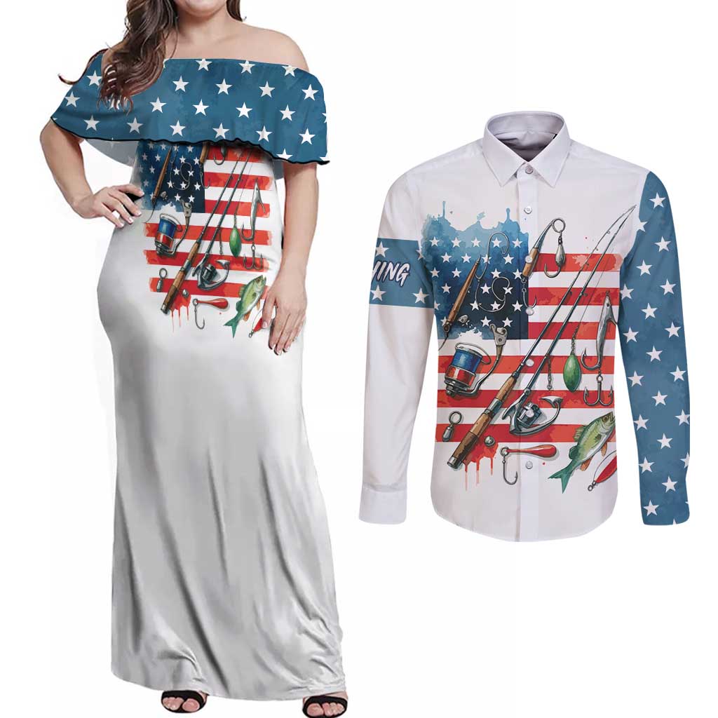 American Flag Fishing Couples Matching Off Shoulder Maxi Dress and Long Sleeve Button Shirt with Fishing Rods and Lures Watercolor Style Design - Wonder Print Shop