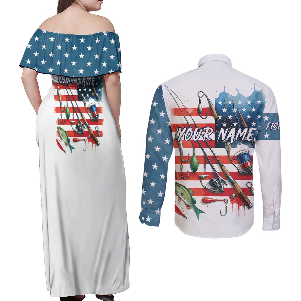 American Flag Fishing Couples Matching Off Shoulder Maxi Dress and Long Sleeve Button Shirt with Fishing Rods and Lures Watercolor Style Design - Wonder Print Shop