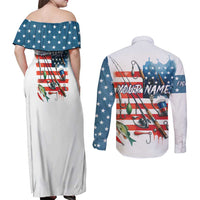 American Flag Fishing Couples Matching Off Shoulder Maxi Dress and Long Sleeve Button Shirt with Fishing Rods and Lures Watercolor Style Design - Wonder Print Shop