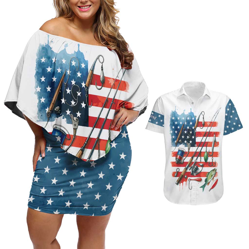American Flag Fishing Couples Matching Off Shoulder Short Dress and Hawaiian Shirt with Fishing Rods and Lures Watercolor Style Design - Wonder Print Shop