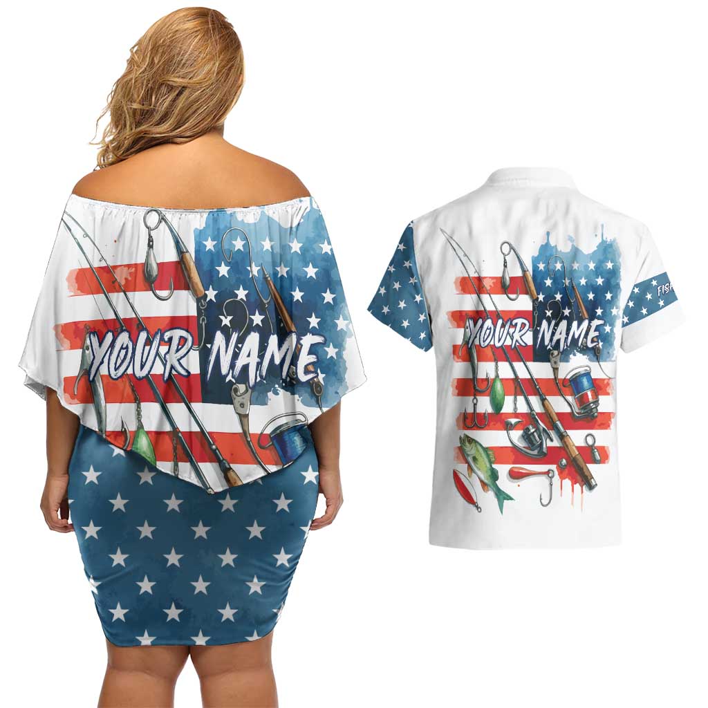 American Flag Fishing Couples Matching Off Shoulder Short Dress and Hawaiian Shirt with Fishing Rods and Lures Watercolor Style Design - Wonder Print Shop