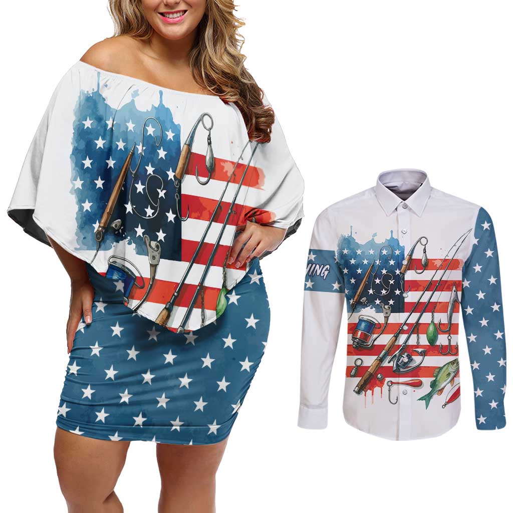 American Flag Fishing Couples Matching Off Shoulder Short Dress and Long Sleeve Button Shirt with Fishing Rods and Lures Watercolor Style Design - Wonder Print Shop