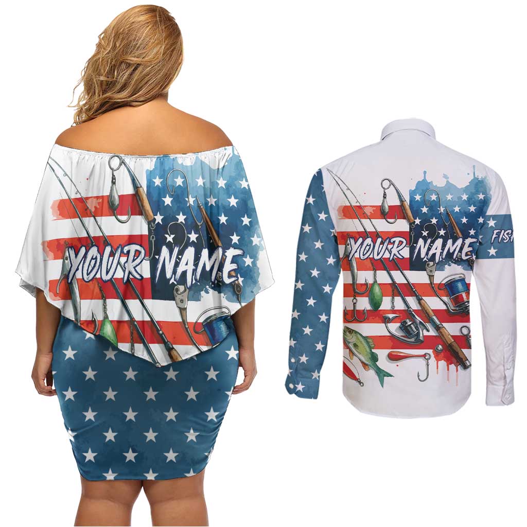 American Flag Fishing Couples Matching Off Shoulder Short Dress and Long Sleeve Button Shirt with Fishing Rods and Lures Watercolor Style Design - Wonder Print Shop