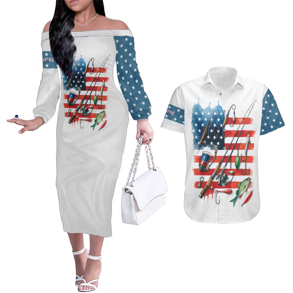 American Flag Fishing Couples Matching Off The Shoulder Long Sleeve Dress and Hawaiian Shirt with Fishing Rods and Lures Watercolor Style Design - Wonder Print Shop