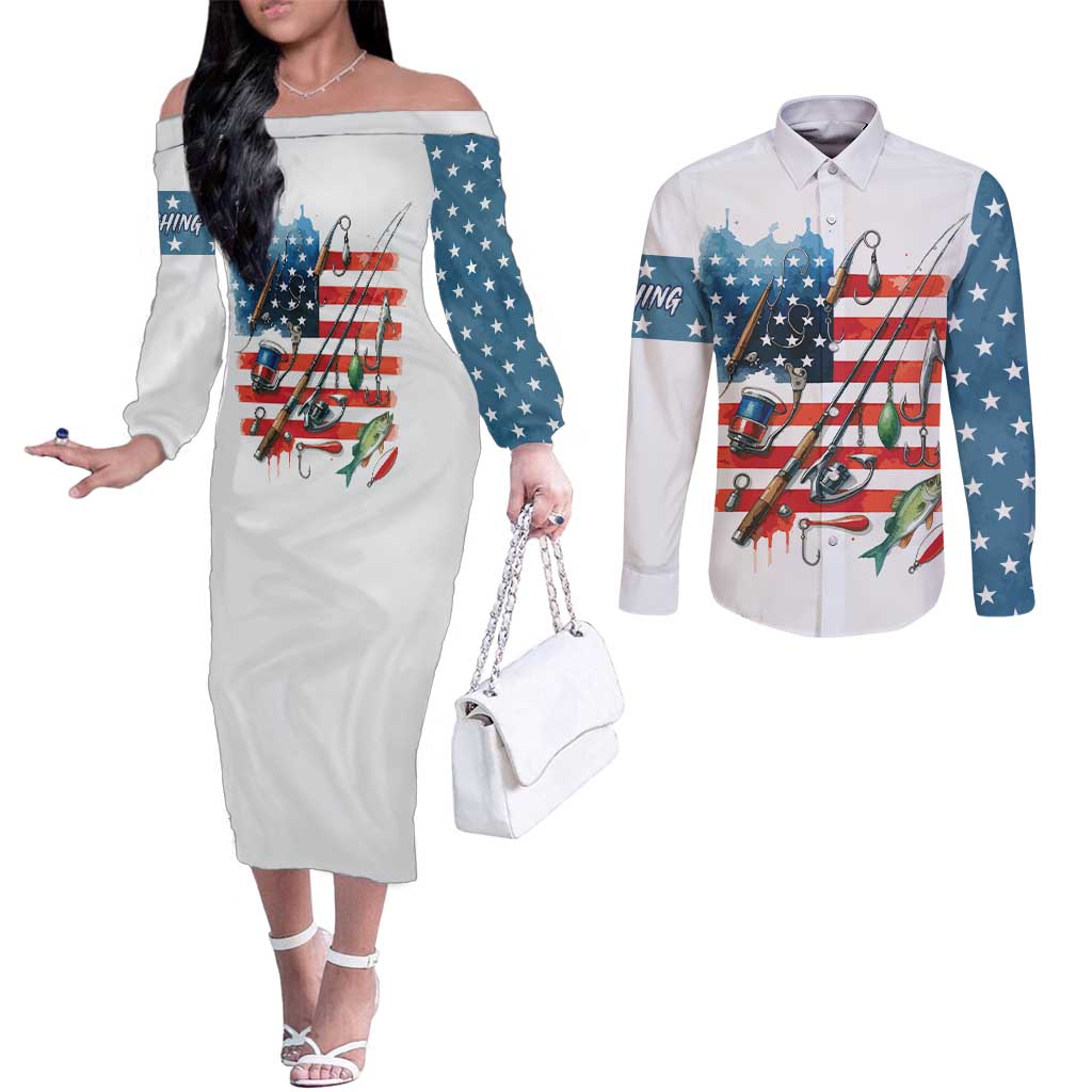 American Flag Fishing Couples Matching Off The Shoulder Long Sleeve Dress and Long Sleeve Button Shirt with Fishing Rods and Lures Watercolor Style Design - Wonder Print Shop