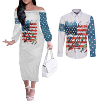 American Flag Fishing Couples Matching Off The Shoulder Long Sleeve Dress and Long Sleeve Button Shirt with Fishing Rods and Lures Watercolor Style Design - Wonder Print Shop