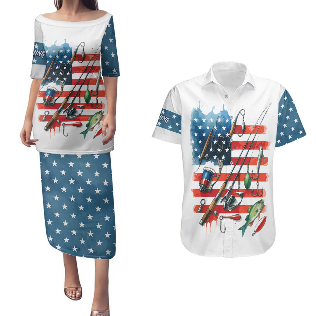 American Flag Fishing Couples Matching Puletasi and Hawaiian Shirt with Fishing Rods and Lures Watercolor Style Design - Wonder Print Shop