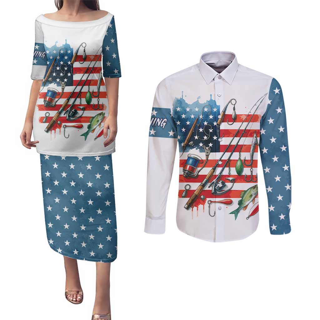 American Flag Fishing Couples Matching Puletasi and Long Sleeve Button Shirt with Fishing Rods and Lures Watercolor Style Design - Wonder Print Shop