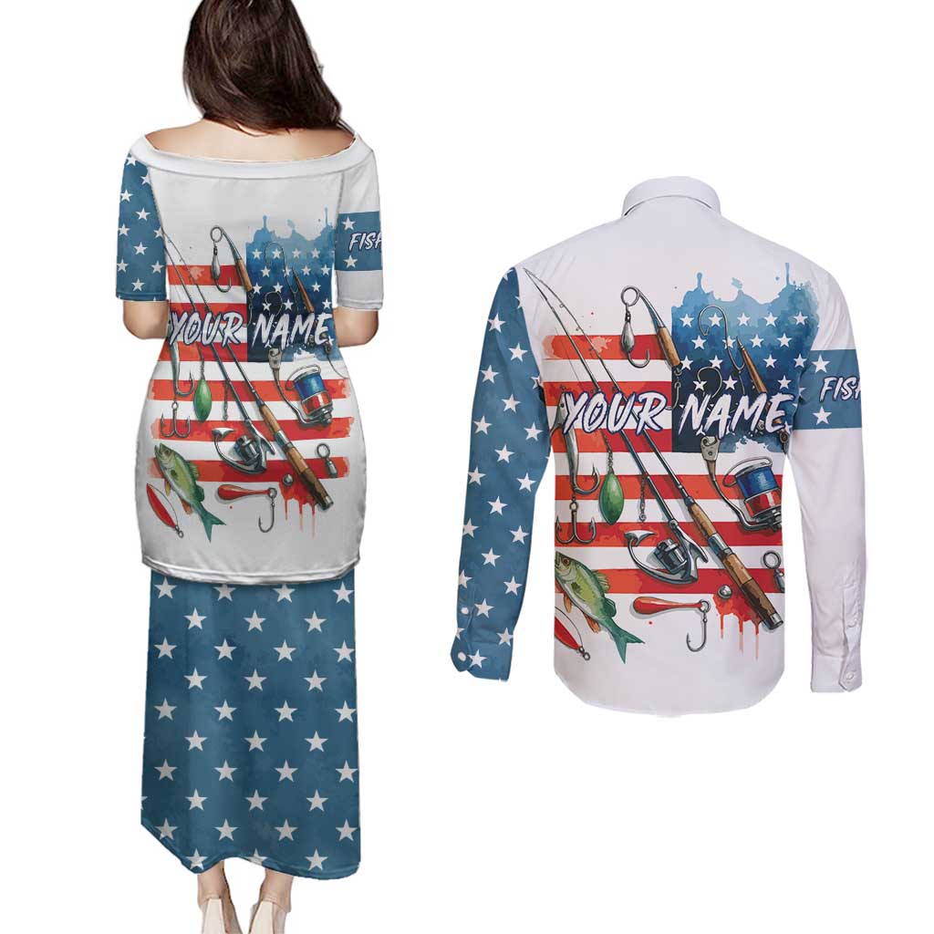 American Flag Fishing Couples Matching Puletasi and Long Sleeve Button Shirt with Fishing Rods and Lures Watercolor Style Design - Wonder Print Shop