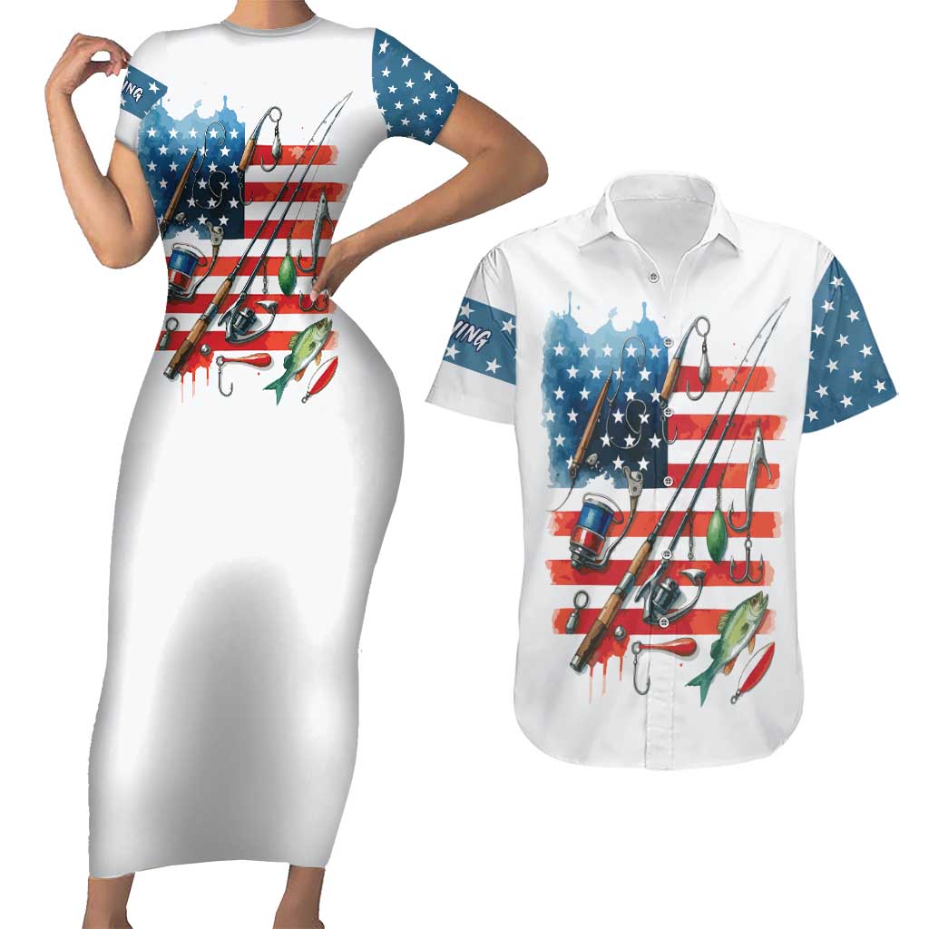 American Flag Fishing Couples Matching Short Sleeve Bodycon Dress and Hawaiian Shirt with Fishing Rods and Lures Watercolor Style Design - Wonder Print Shop