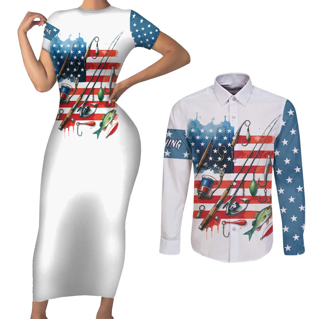 American Flag Fishing Couples Matching Short Sleeve Bodycon Dress and Long Sleeve Button Shirt with Fishing Rods and Lures Watercolor Style Design - Wonder Print Shop