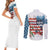American Flag Fishing Couples Matching Short Sleeve Bodycon Dress and Long Sleeve Button Shirt with Fishing Rods and Lures Watercolor Style Design - Wonder Print Shop
