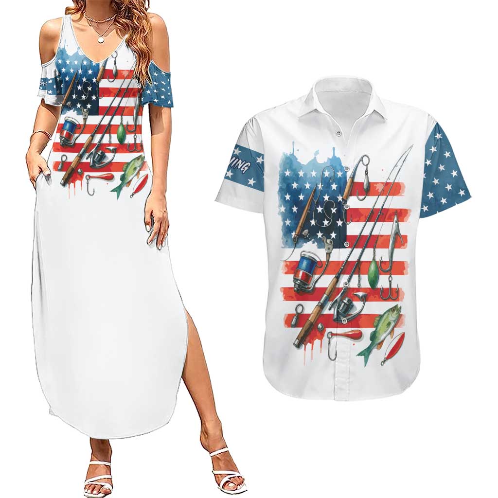American Flag Fishing Couples Matching Summer Maxi Dress and Hawaiian Shirt with Fishing Rods and Lures Watercolor Style Design - Wonder Print Shop