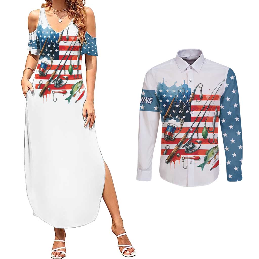 American Flag Fishing Couples Matching Summer Maxi Dress and Long Sleeve Button Shirt with Fishing Rods and Lures Watercolor Style Design - Wonder Print Shop