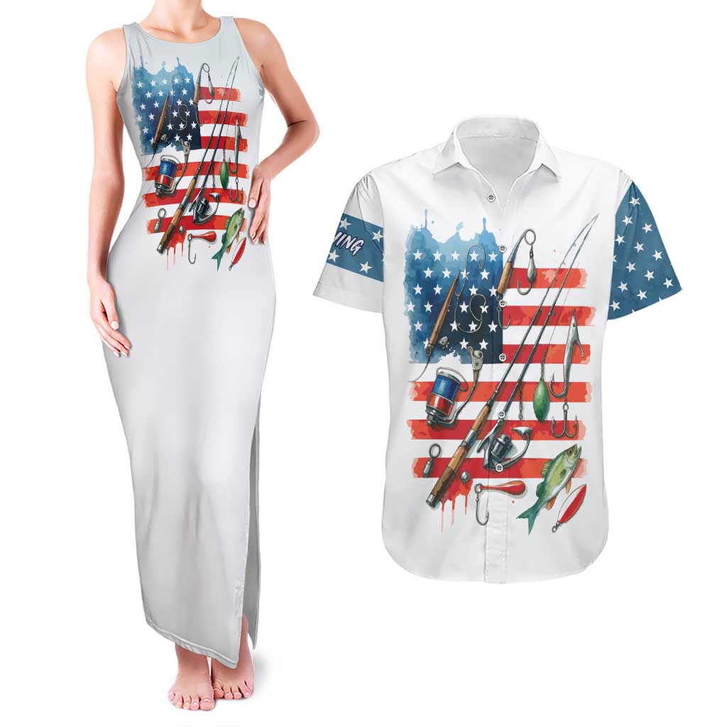 American Flag Fishing Couples Matching Tank Maxi Dress and Hawaiian Shirt with Fishing Rods and Lures Watercolor Style Design - Wonder Print Shop
