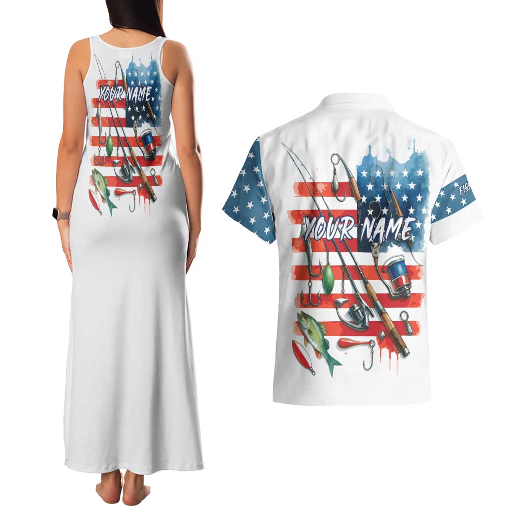 American Flag Fishing Couples Matching Tank Maxi Dress and Hawaiian Shirt with Fishing Rods and Lures Watercolor Style Design - Wonder Print Shop