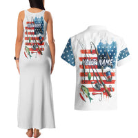 American Flag Fishing Couples Matching Tank Maxi Dress and Hawaiian Shirt with Fishing Rods and Lures Watercolor Style Design - Wonder Print Shop