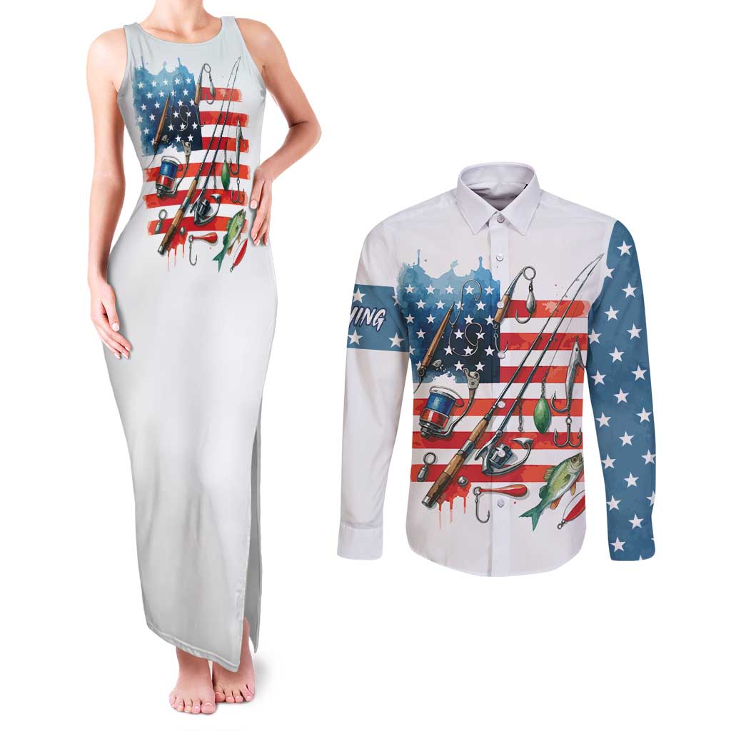 American Flag Fishing Couples Matching Tank Maxi Dress and Long Sleeve Button Shirt with Fishing Rods and Lures Watercolor Style Design - Wonder Print Shop