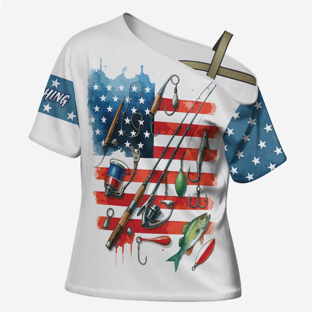 American Flag Fishing Cross Shoulder Shirt with Fishing Rods and Lures Watercolor Style Design - Wonder Print Shop