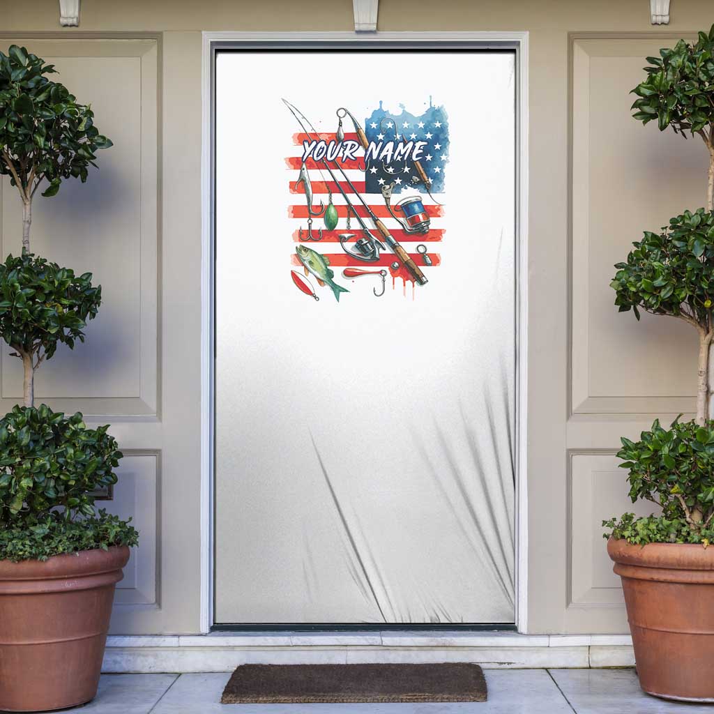 American Flag Fishing Door Cover with Fishing Rods and Lures Watercolor Style Design - Wonder Print Shop