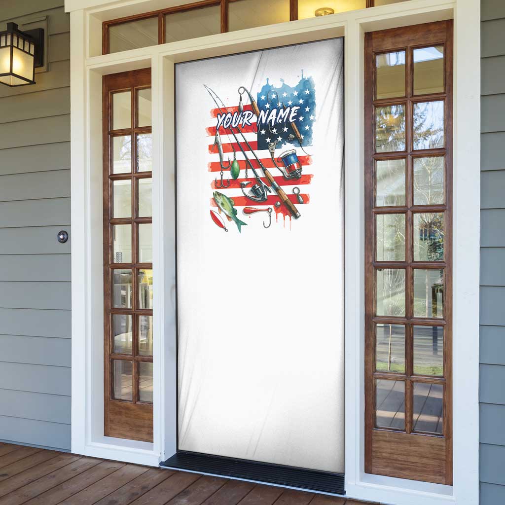 American Flag Fishing Door Cover with Fishing Rods and Lures Watercolor Style Design - Wonder Print Shop