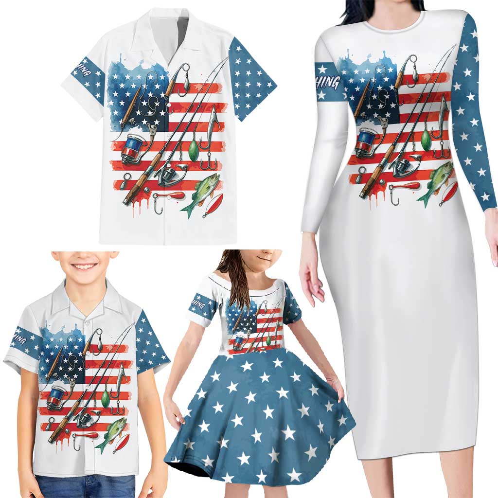 American Flag Fishing Family Matching Long Sleeve Bodycon Dress and Hawaiian Shirt with Fishing Rods and Lures Watercolor Style Design - Wonder Print Shop