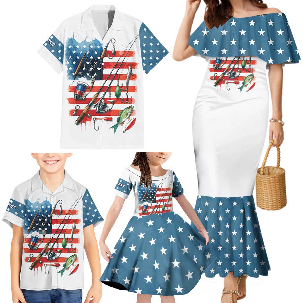 American Flag Fishing Family Matching Mermaid Dress and Hawaiian Shirt with Fishing Rods and Lures Watercolor Style Design - Wonder Print Shop
