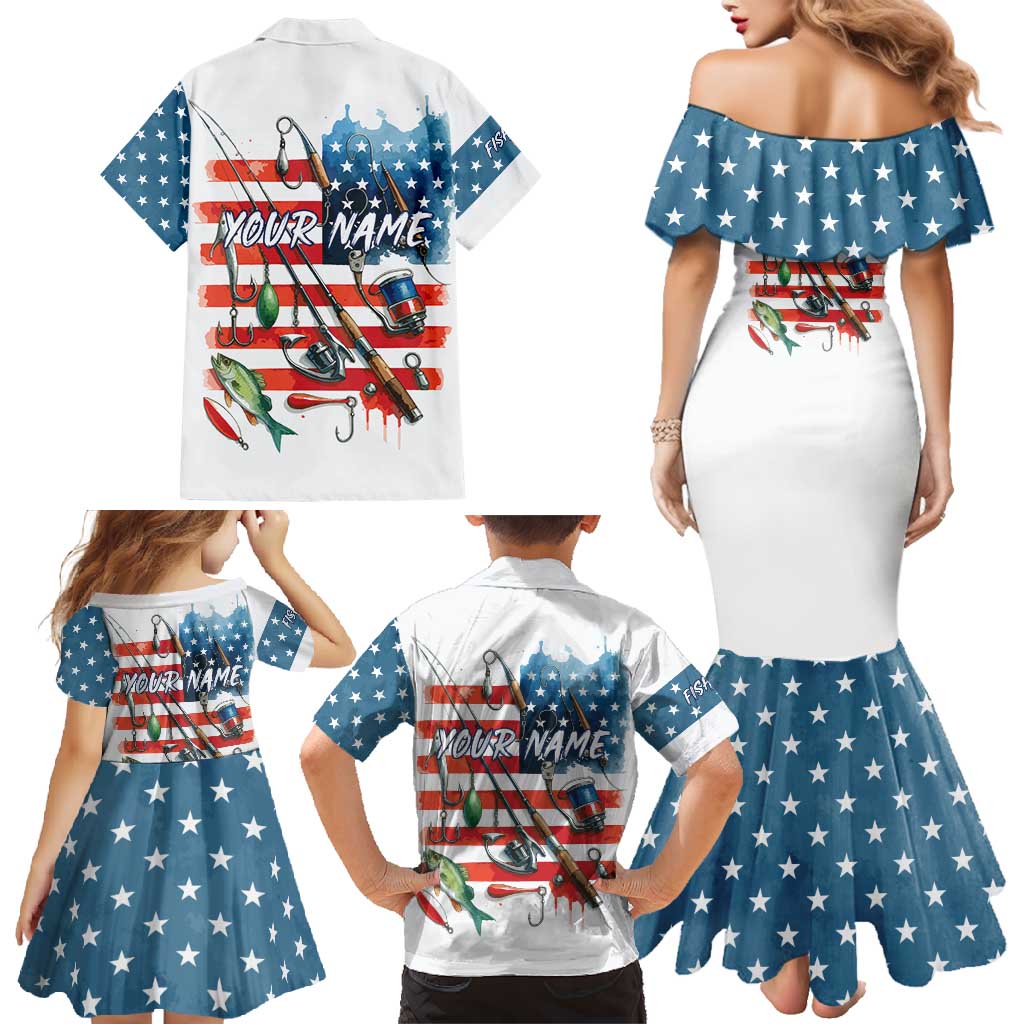 American Flag Fishing Family Matching Mermaid Dress and Hawaiian Shirt with Fishing Rods and Lures Watercolor Style Design - Wonder Print Shop
