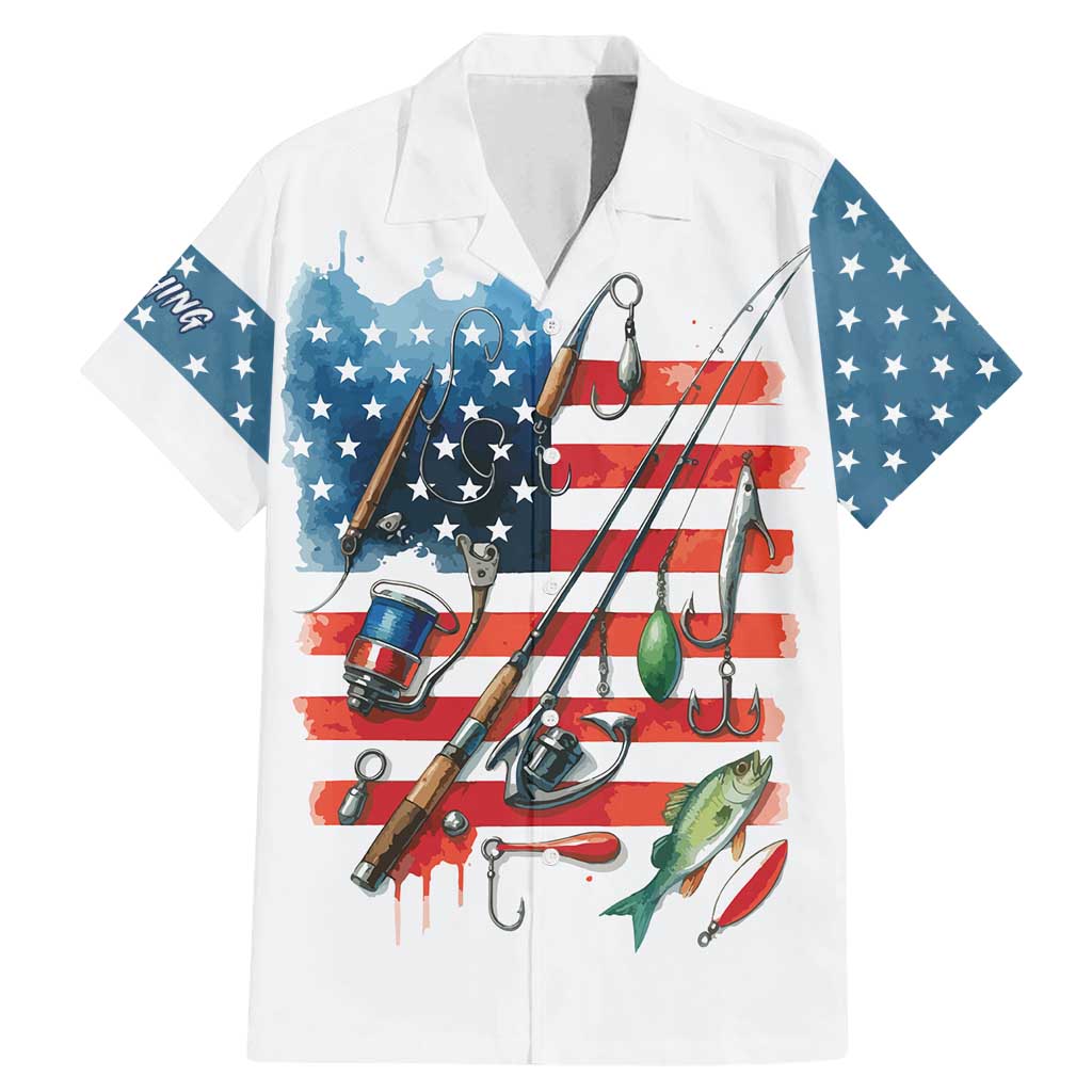 American Flag Fishing Family Matching Mermaid Dress and Hawaiian Shirt with Fishing Rods and Lures Watercolor Style Design - Wonder Print Shop
