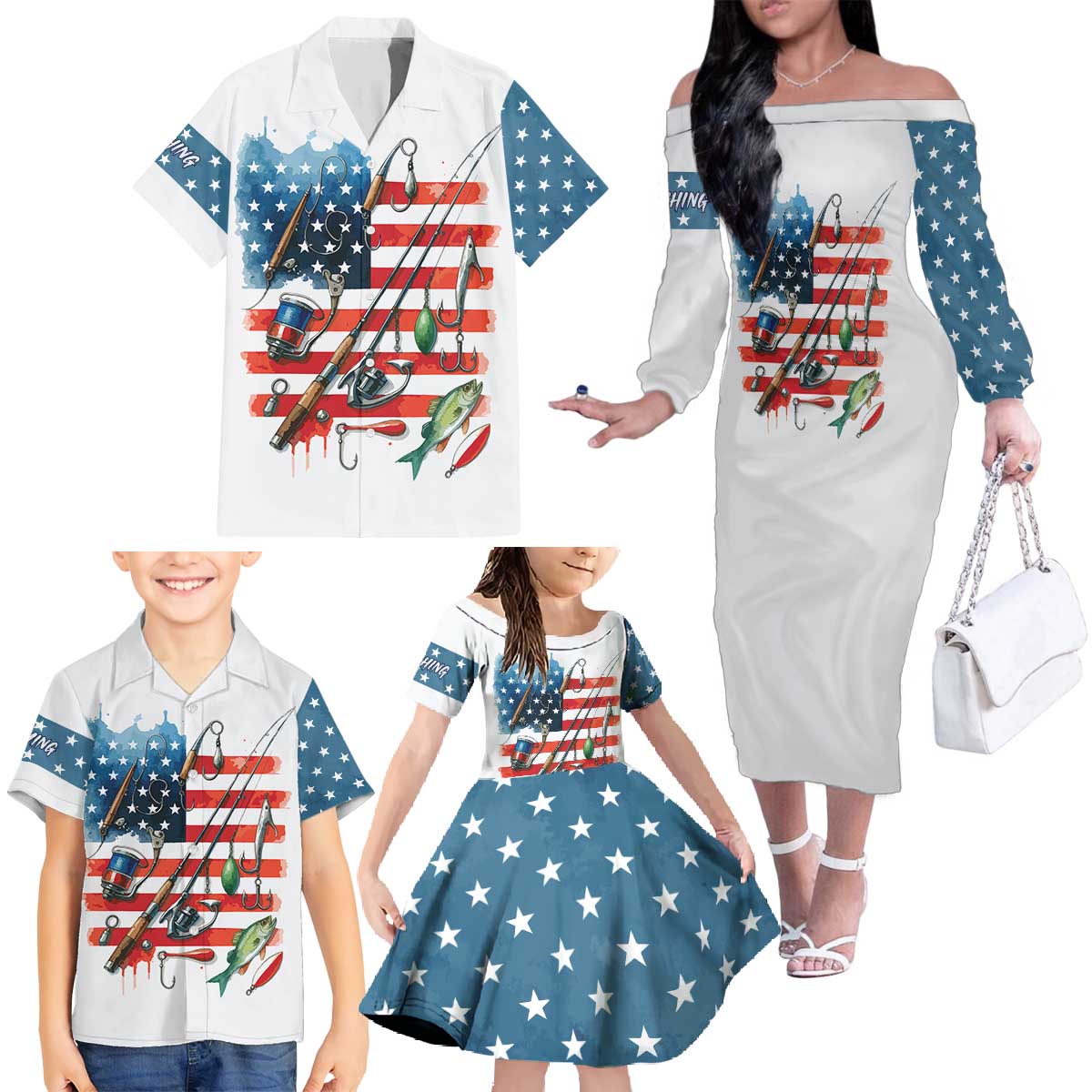 American Flag Fishing Family Matching Off The Shoulder Long Sleeve Dress and Hawaiian Shirt with Fishing Rods and Lures Watercolor Style Design - Wonder Print Shop