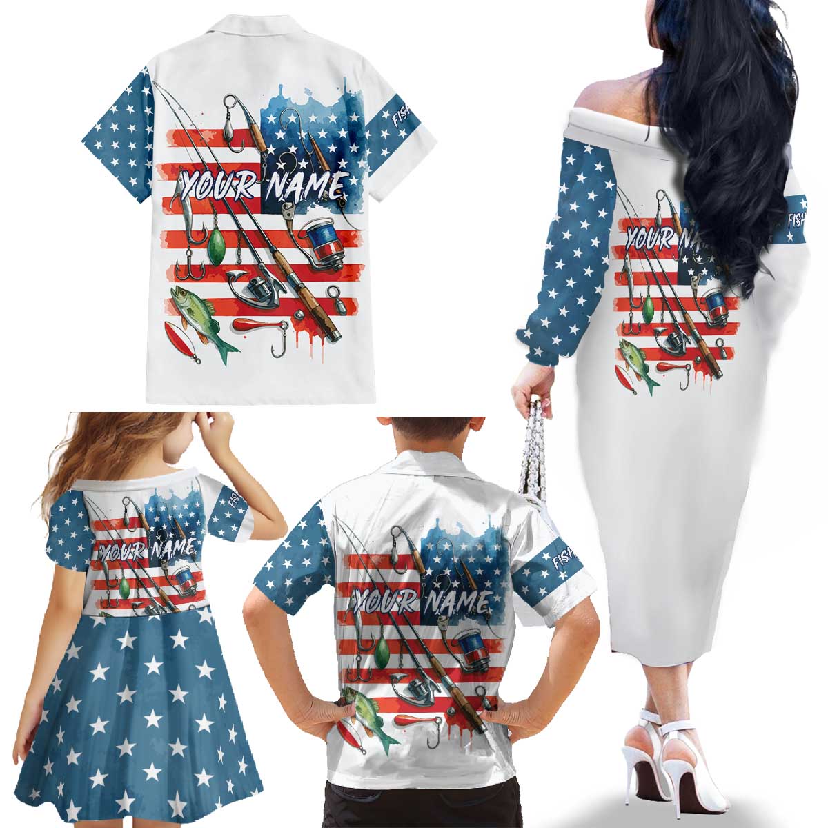 American Flag Fishing Family Matching Off The Shoulder Long Sleeve Dress and Hawaiian Shirt with Fishing Rods and Lures Watercolor Style Design - Wonder Print Shop