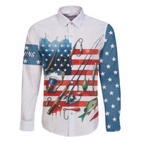 American Flag Fishing Family Matching Off The Shoulder Long Sleeve Dress and Hawaiian Shirt with Fishing Rods and Lures Watercolor Style Design - Wonder Print Shop