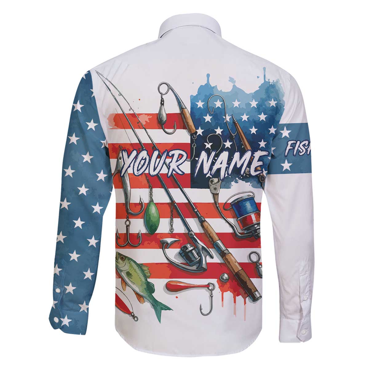 American Flag Fishing Family Matching Off The Shoulder Long Sleeve Dress and Hawaiian Shirt with Fishing Rods and Lures Watercolor Style Design - Wonder Print Shop