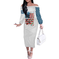 American Flag Fishing Family Matching Off The Shoulder Long Sleeve Dress and Hawaiian Shirt with Fishing Rods and Lures Watercolor Style Design - Wonder Print Shop
