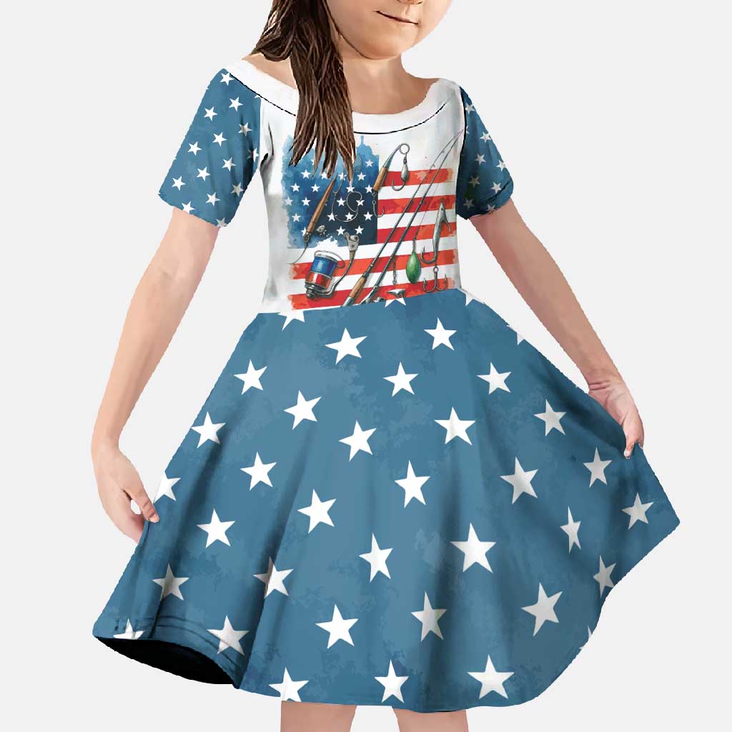 American Flag Fishing Family Matching Off Shoulder Maxi Dress and Hawaiian Shirt with Fishing Rods and Lures Watercolor Style Design - Wonder Print Shop
