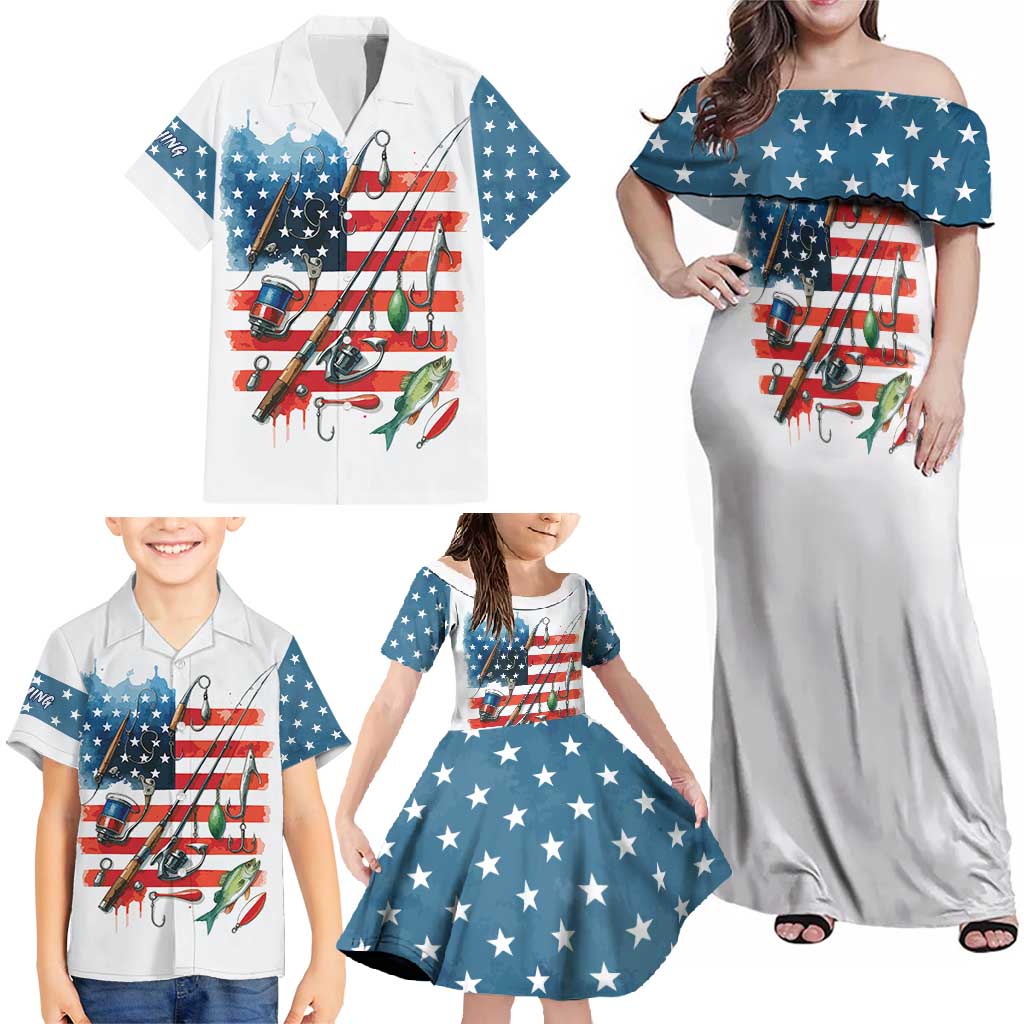 American Flag Fishing Family Matching Off Shoulder Maxi Dress and Hawaiian Shirt with Fishing Rods and Lures Watercolor Style Design - Wonder Print Shop