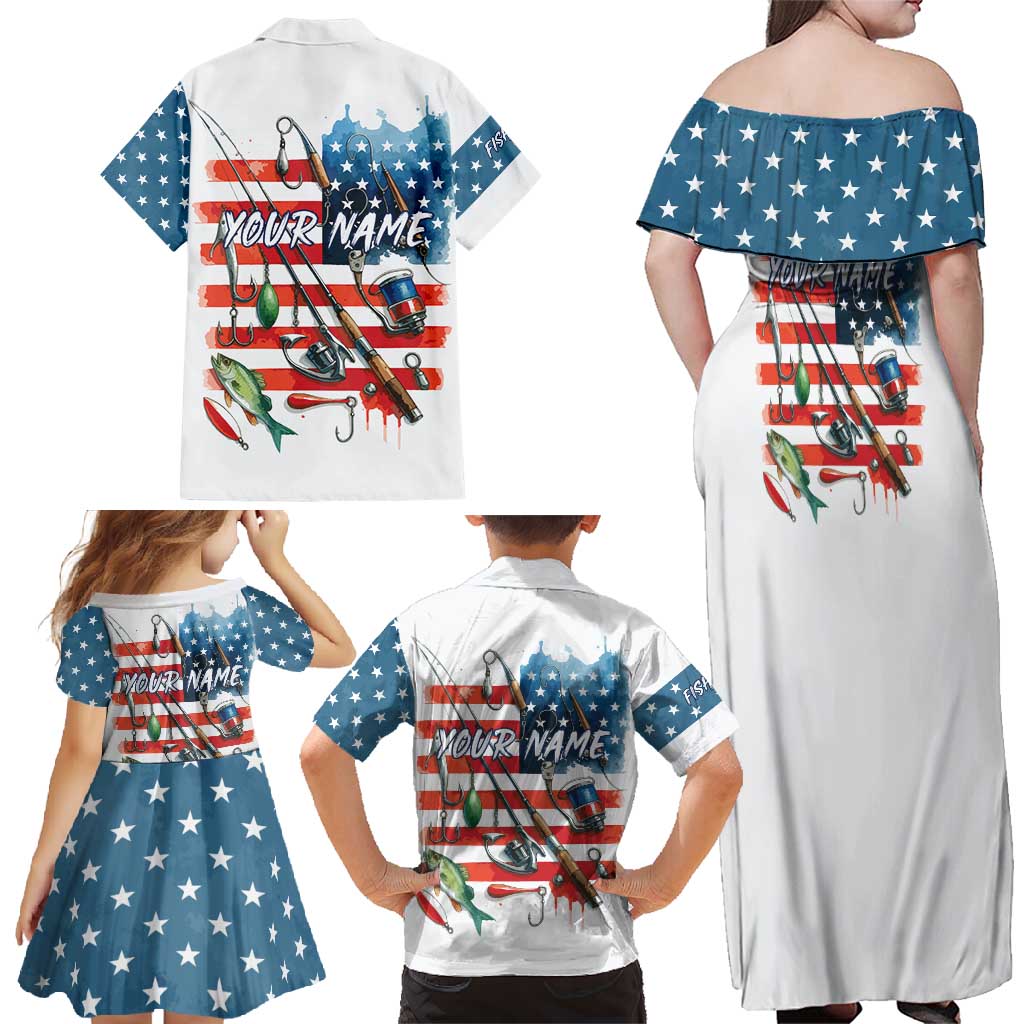 American Flag Fishing Family Matching Off Shoulder Maxi Dress and Hawaiian Shirt with Fishing Rods and Lures Watercolor Style Design - Wonder Print Shop