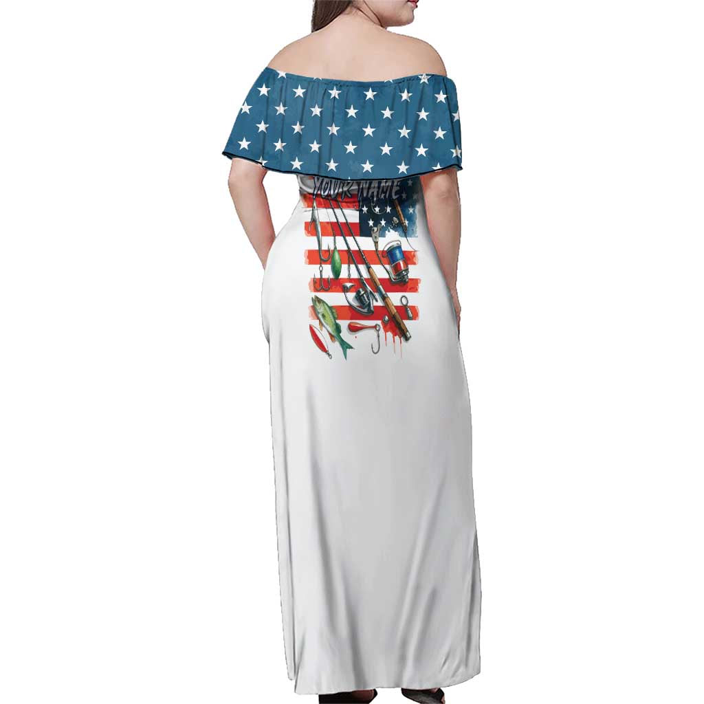 American Flag Fishing Family Matching Off Shoulder Maxi Dress and Hawaiian Shirt with Fishing Rods and Lures Watercolor Style Design - Wonder Print Shop