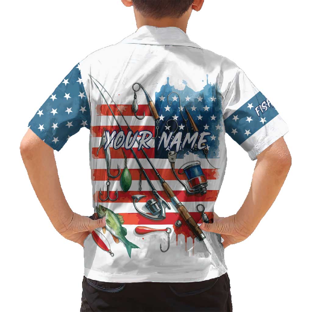 American Flag Fishing Family Matching Off Shoulder Short Dress and Hawaiian Shirt with Fishing Rods and Lures Watercolor Style Design - Wonder Print Shop