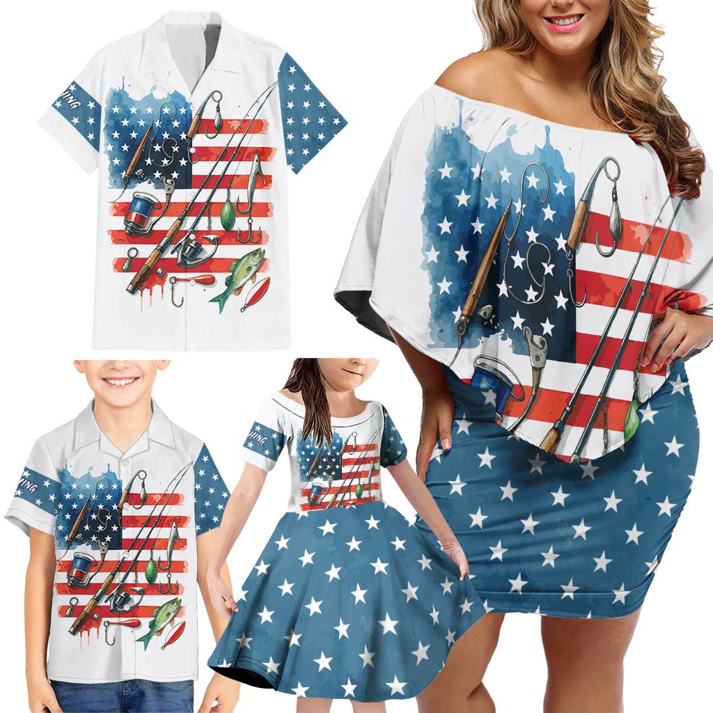 American Flag Fishing Family Matching Off Shoulder Short Dress and Hawaiian Shirt with Fishing Rods and Lures Watercolor Style Design - Wonder Print Shop