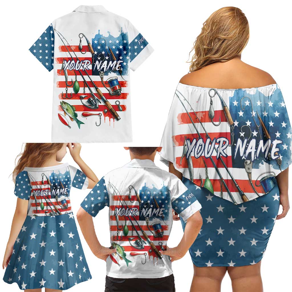 American Flag Fishing Family Matching Off Shoulder Short Dress and Hawaiian Shirt with Fishing Rods and Lures Watercolor Style Design - Wonder Print Shop