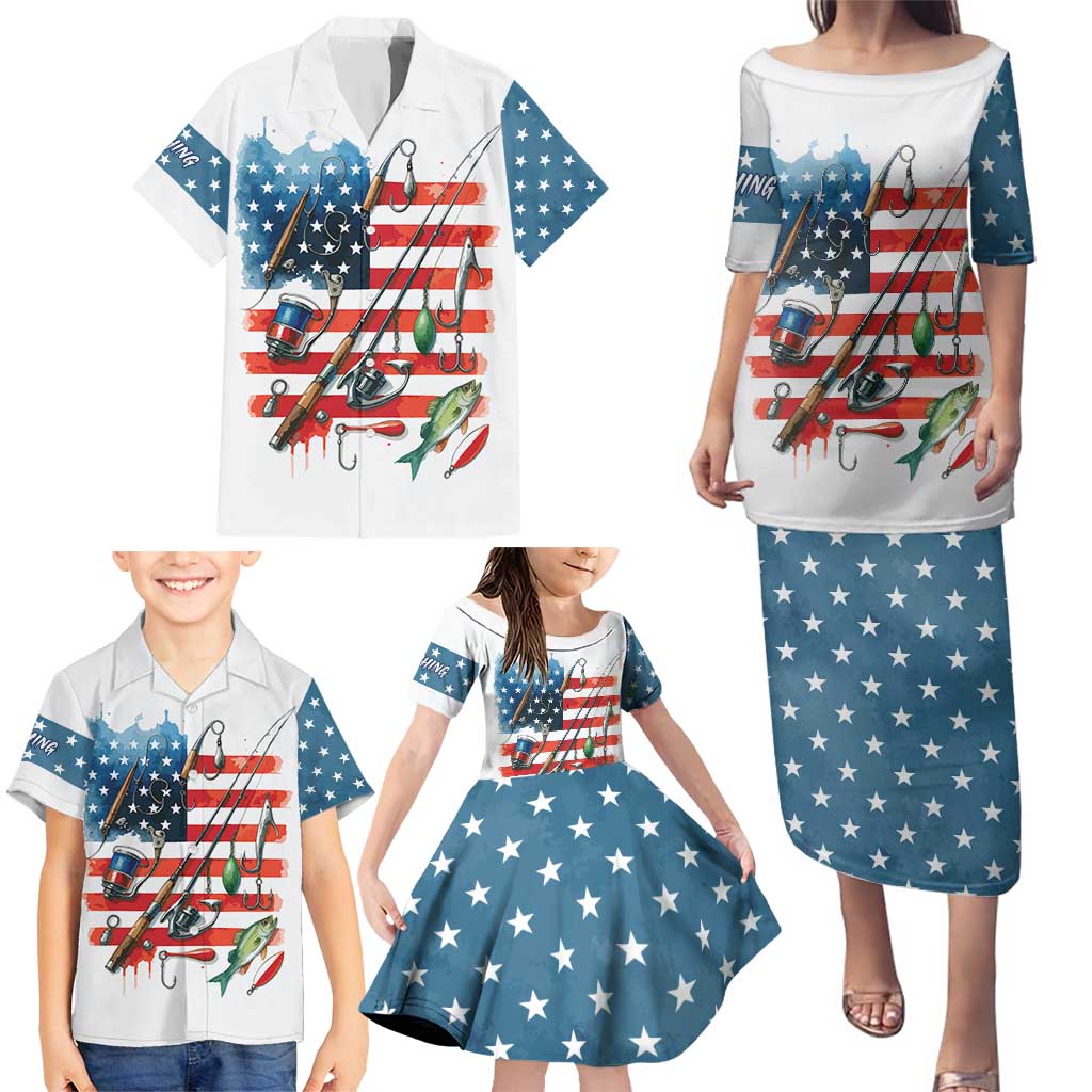 American Flag Fishing Family Matching Puletasi and Hawaiian Shirt with Fishing Rods and Lures Watercolor Style Design - Wonder Print Shop
