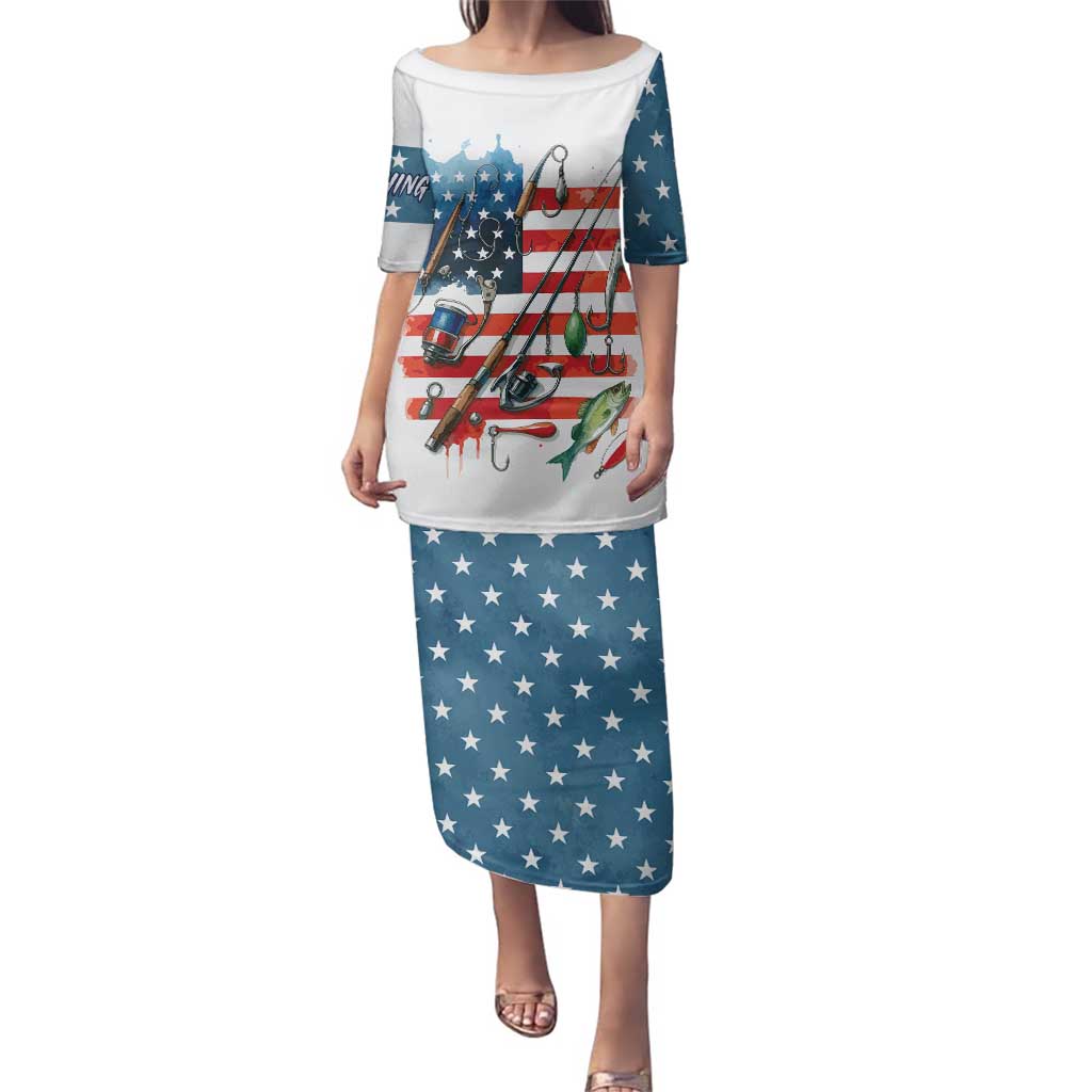 American Flag Fishing Family Matching Puletasi and Hawaiian Shirt with Fishing Rods and Lures Watercolor Style Design - Wonder Print Shop