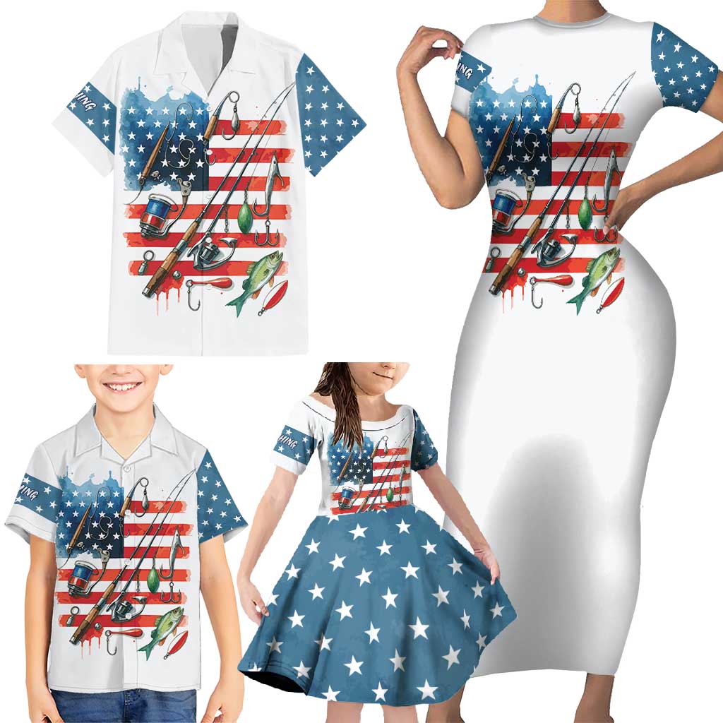 American Flag Fishing Family Matching Short Sleeve Bodycon Dress and Hawaiian Shirt with Fishing Rods and Lures Watercolor Style Design - Wonder Print Shop