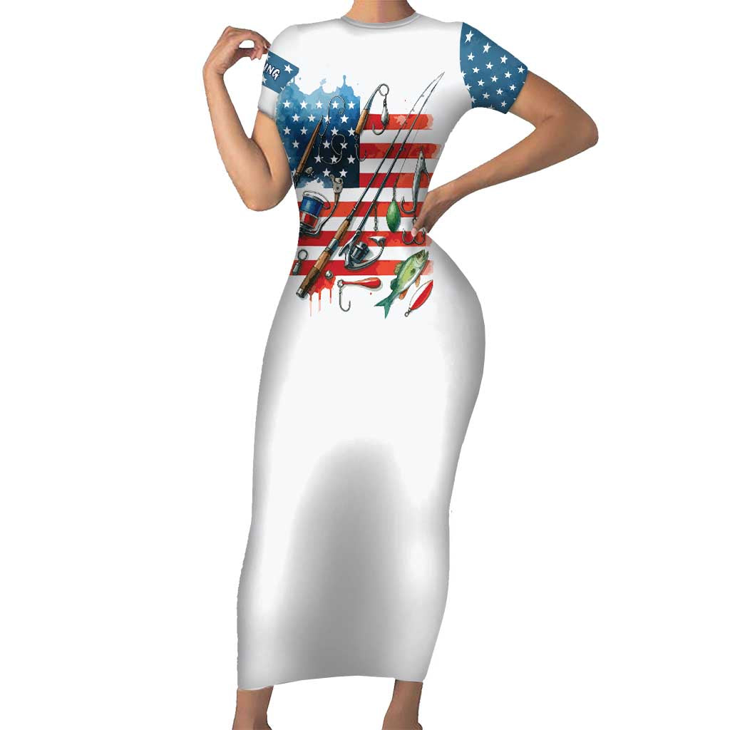 American Flag Fishing Family Matching Short Sleeve Bodycon Dress and Hawaiian Shirt with Fishing Rods and Lures Watercolor Style Design - Wonder Print Shop