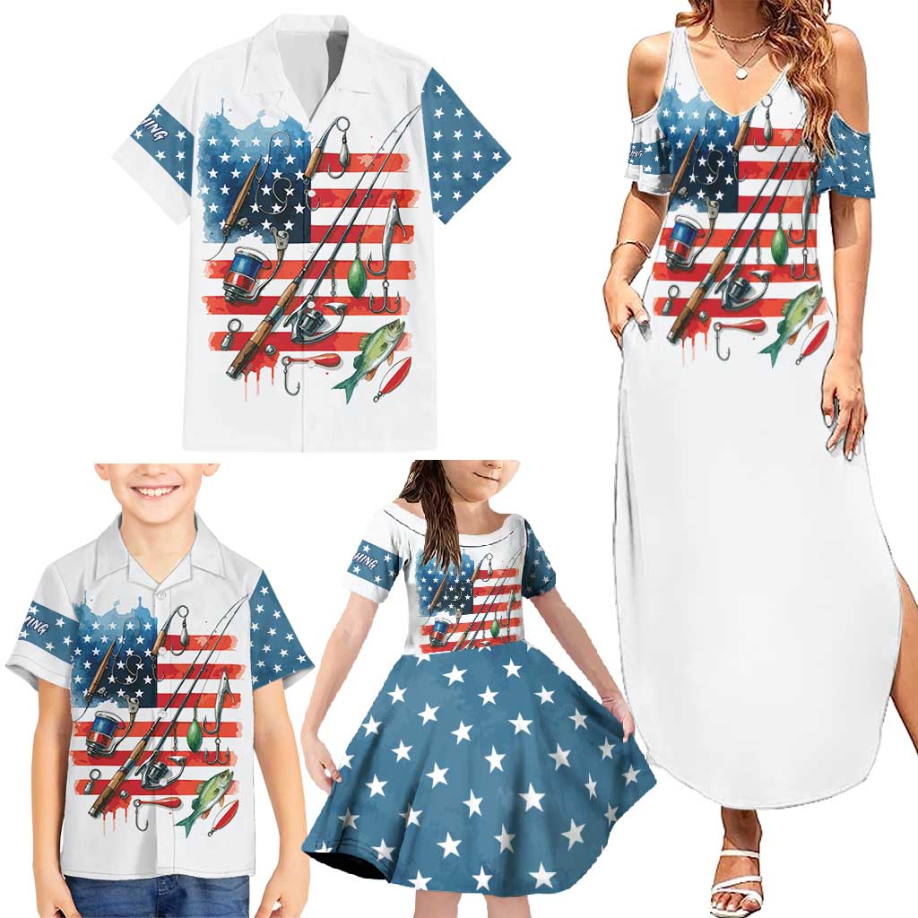 American Flag Fishing Family Matching Summer Maxi Dress and Hawaiian Shirt with Fishing Rods and Lures Watercolor Style Design - Wonder Print Shop