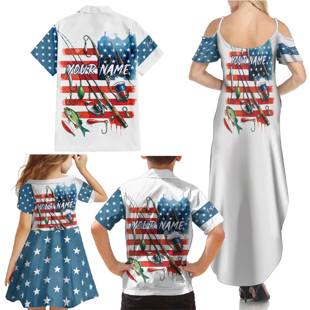American Flag Fishing Family Matching Summer Maxi Dress and Hawaiian Shirt with Fishing Rods and Lures Watercolor Style Design - Wonder Print Shop