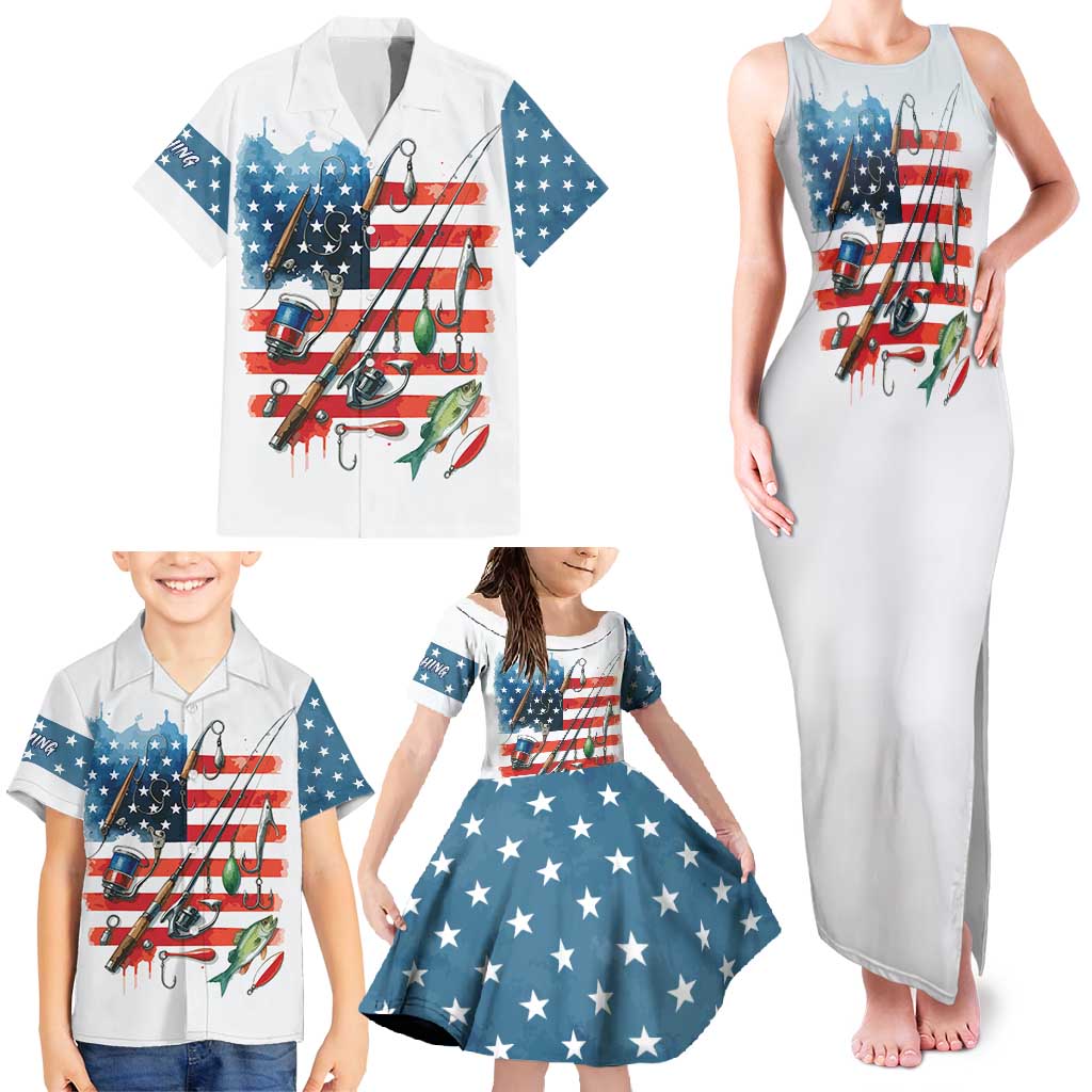 American Flag Fishing Family Matching Tank Maxi Dress and Hawaiian Shirt with Fishing Rods and Lures Watercolor Style Design - Wonder Print Shop